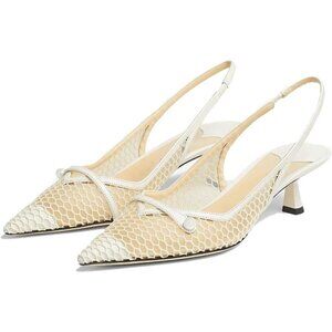 🆕Mesh Slingback Kitten Heels Pumps Pointed Toe Low Heel Dress Shoes White